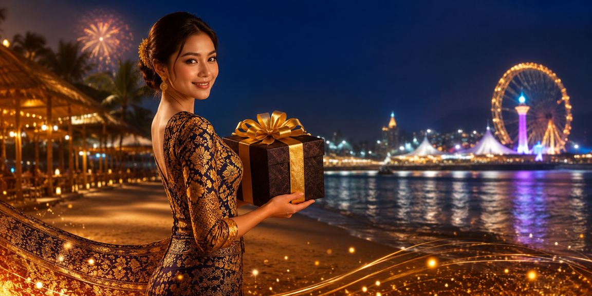 Ilustrasi bonus deposit di pantai dengan suasana kasino yang cerah dan santai