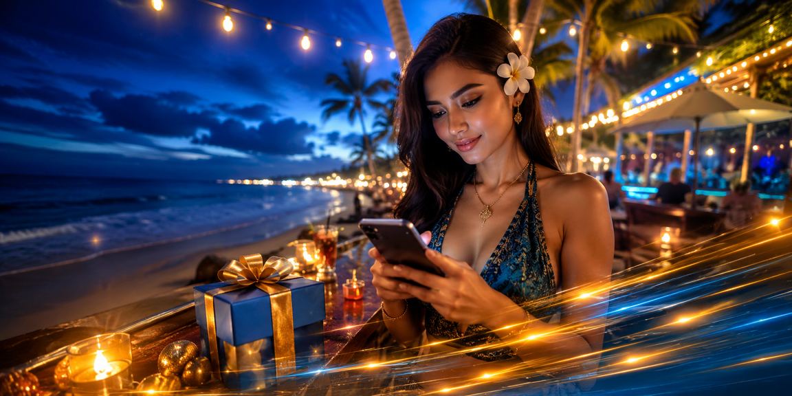 Pengguna mengakses kasino mobile di pantai dengan tampilan layar ponsel yang cerah